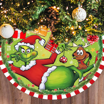 48 Inch Christmas Tree Skirt - Soft and Funny Farmhouse Christmas Tree Collar with Red & Green Trim Decor Xmas