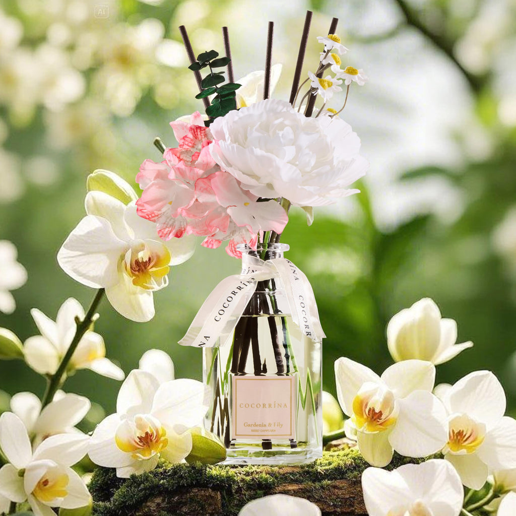 Reed Diffuser - Gardenia & Lily 8.5 Fl.oz Flower Reed Diffuser with Sticks, Bedroom Bathroom Shelf Decor (Floral