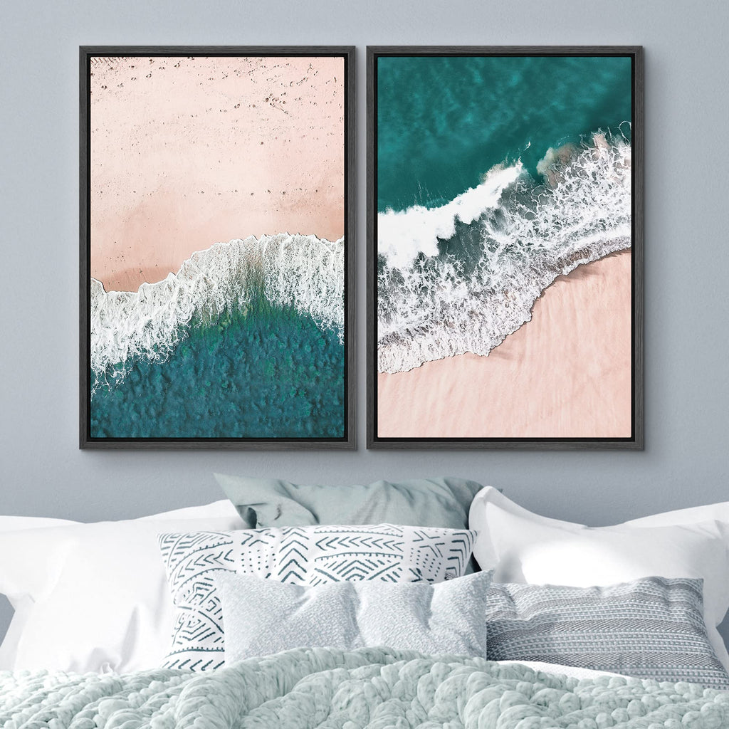 Framed Wall Art Print Set Teal Ocean Waves on Sandy Tropical Beach Shore Wilderness Nature Photography Modern
