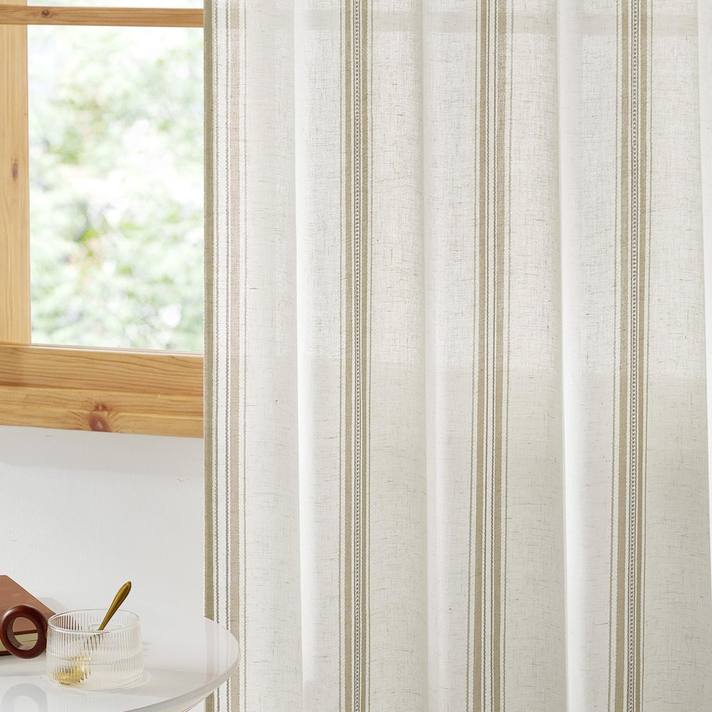 Stripe Linen Curtains 52 x 84 Inch Long - Taupe & White Classic Grommet Rustic Drapes, Light Filtering Window