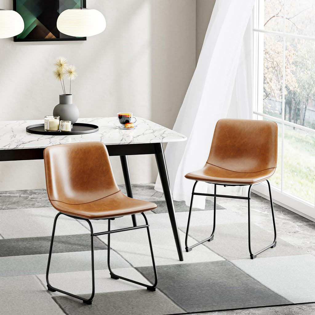 Dining Chairs Set of 2, 18in PU Leather Modern Kitchen Chairs, Brown