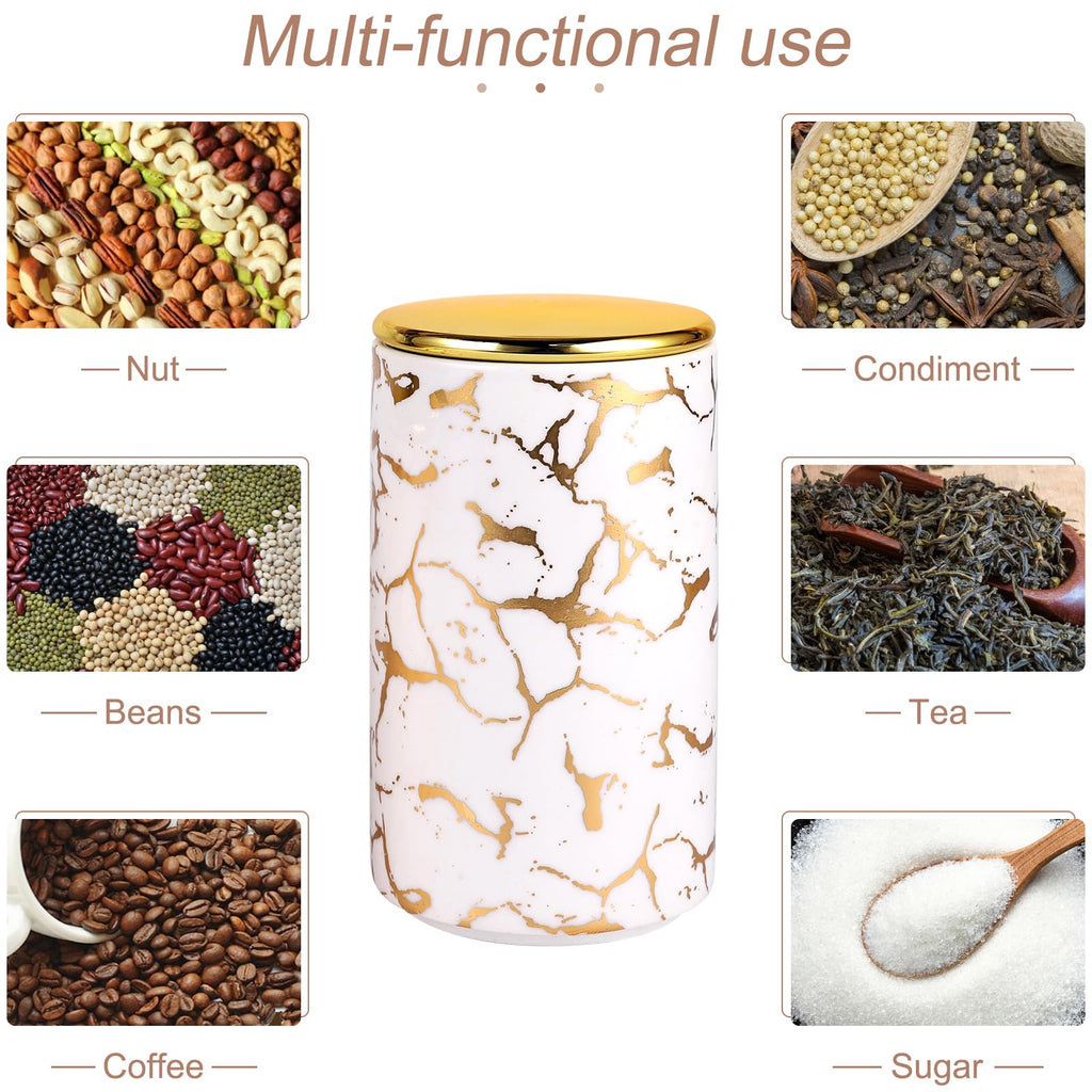 Elegant ceramic food storage jar with golden marble design, black and white, used for organizing kitchen and food