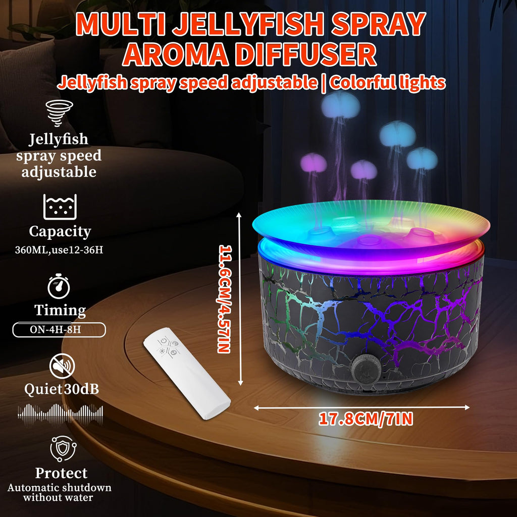 Jellyfish Aroma Diffuser 360ml, Essential Oil Diffuser with 5-Nozzle Adjustable Mist Speed, 7-Color Rainbow Light