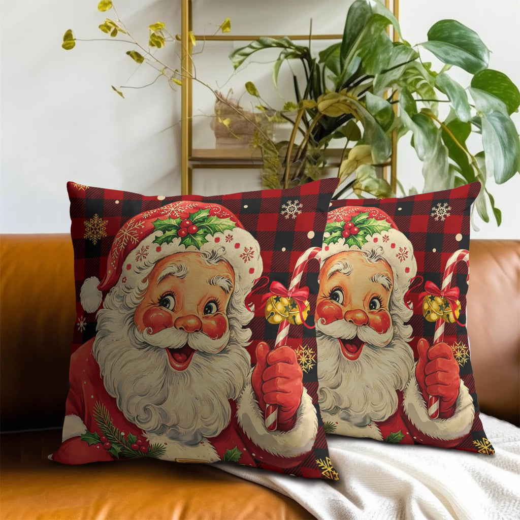 Vintage Christmas Pillow Covers Set of 2 Xmas Santa Claus Red Black Buffalo Plaid Cotton Throw Pillowcases Winter