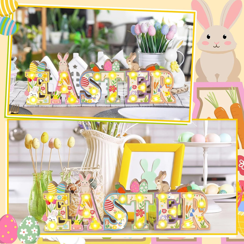 Easter Table Decoration Wooden Sign with LED Lights Easter Lighted Decor Rustic Farmhouse Table Centerpiece with 3D