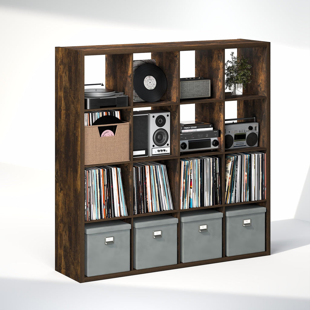 Cubicle Record Player Stand, 16-Cube Record Storage, Amber Pine