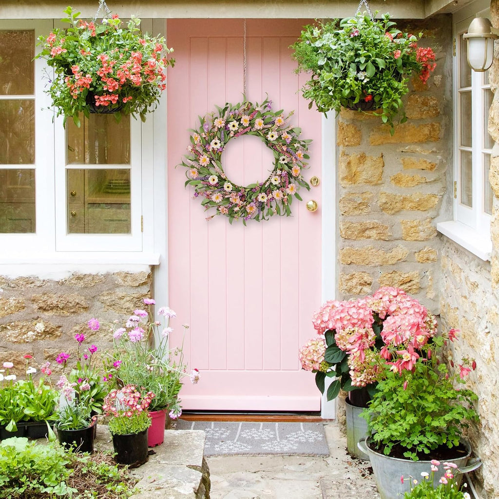 24 Inch Spring Summer Wreath for Front Door, Artificial Daisy & Lavender Flower Wreath with Eucalyptus Greenery