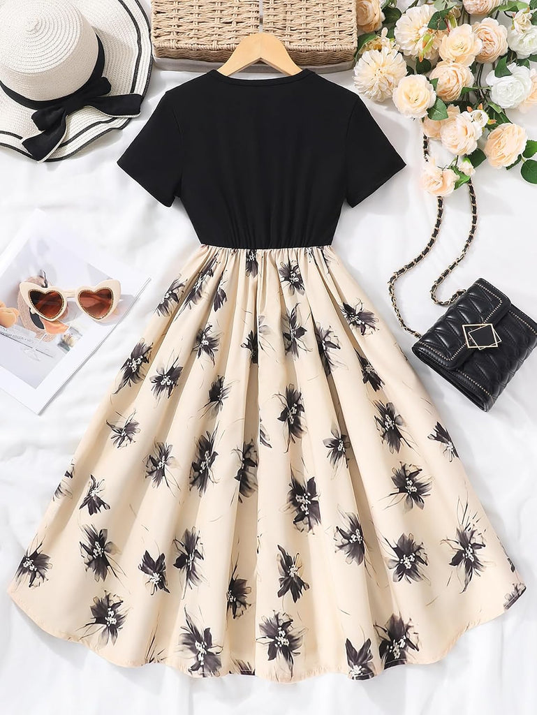 NEW Girls Elegant Dress Short Sleeve A-Line Floral Midi Party Special Occasion