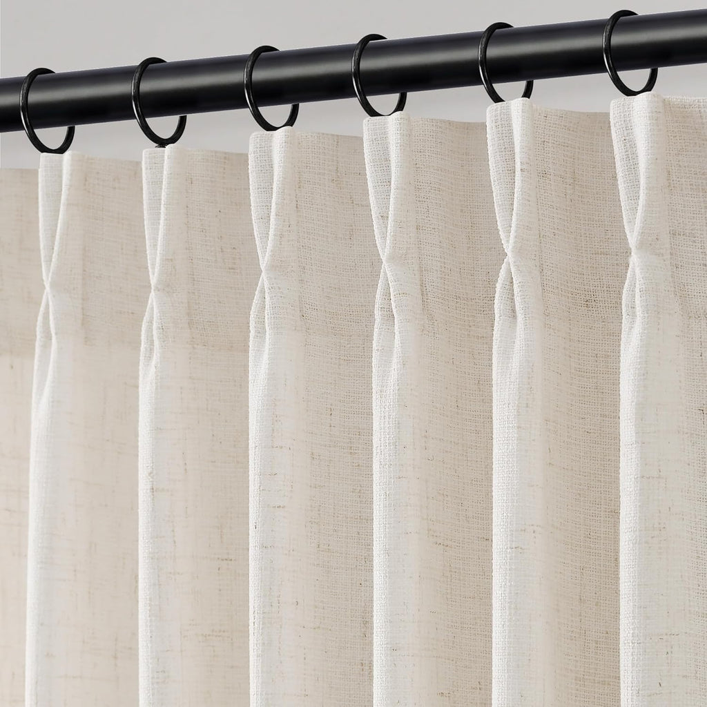 Natural Pleated Thick Linen Curtains 84 Inch Long for Living Room | Ivory Light Filtering Sheer Curtain,Back Tab