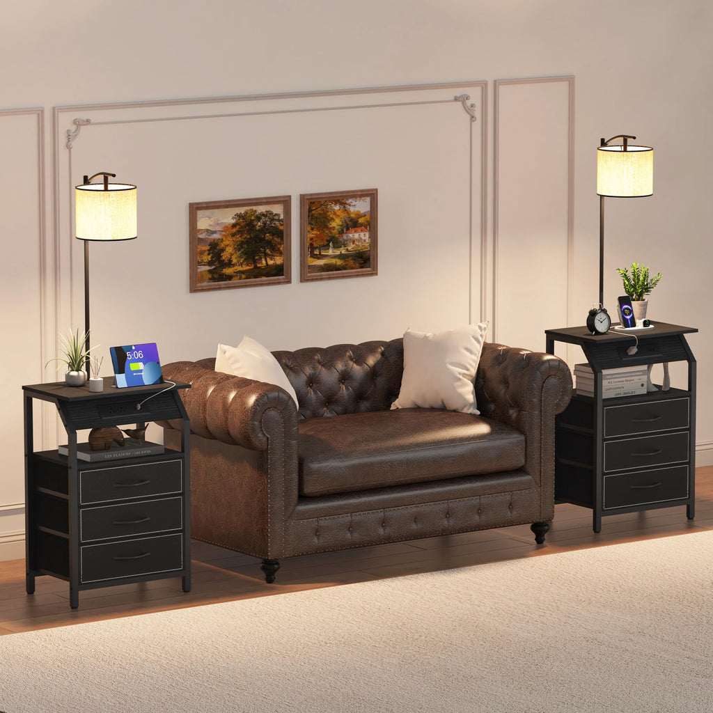 End Table with Floor Lamp Set of 2, Nightstand with Charging Station, Floor Lamp Table with 3-Color Temperature Bulb