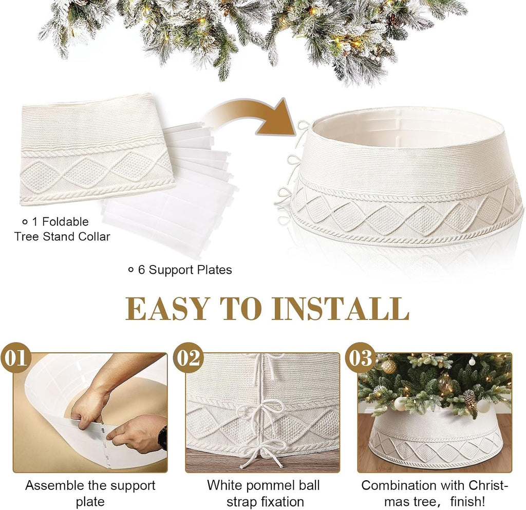 Knit Christmas Tree Collar White 30 Inches Ivory Tree Skirt Ring Tree Basket Plastics Sheets with Collar Cover