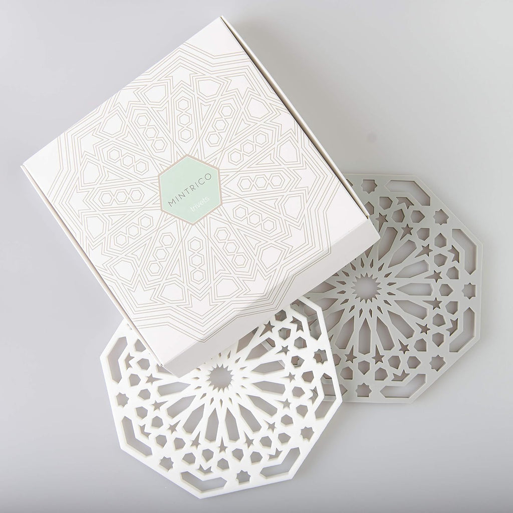 Silicone Trivet Mat Pad for Hot Dishes Set of Two (White & Grey Octagon)...