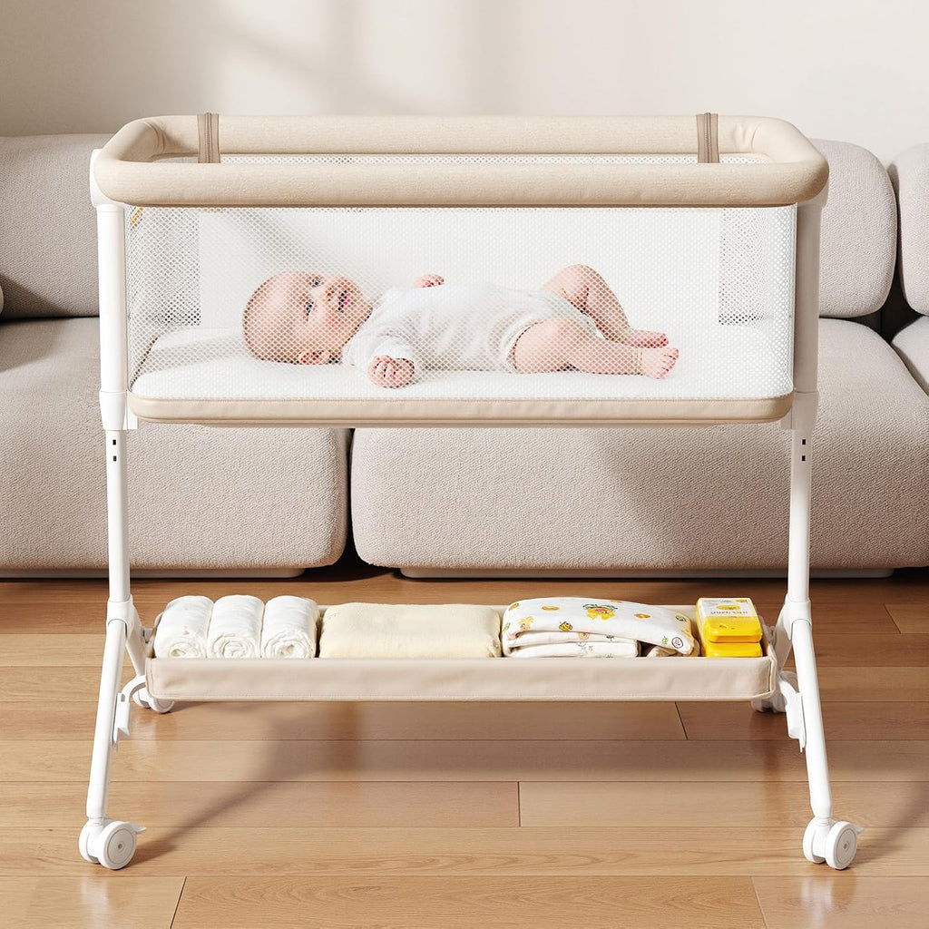 Bassinet Bedside Sleeper, All-Mesh, 5 Heights, Locking Wheels(Beige) | Washable mattress, oversized locking wheels