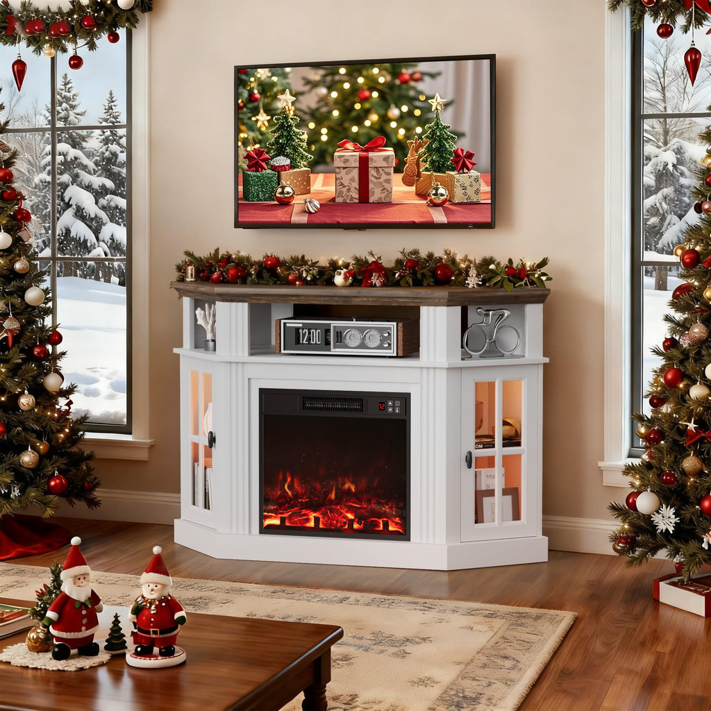 LED Fireplace Corner TV Stand for Up to 55 Inch, Antique White