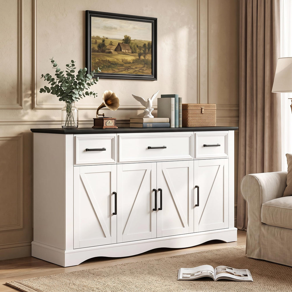 56" Farmhouse White Buffet Cabinet with Charging Station
