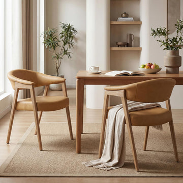 Upholstered Brown Leather Dining Chairs with Arms Set of 2, Mid Century Modern Kitchen & Dining Room Chairs