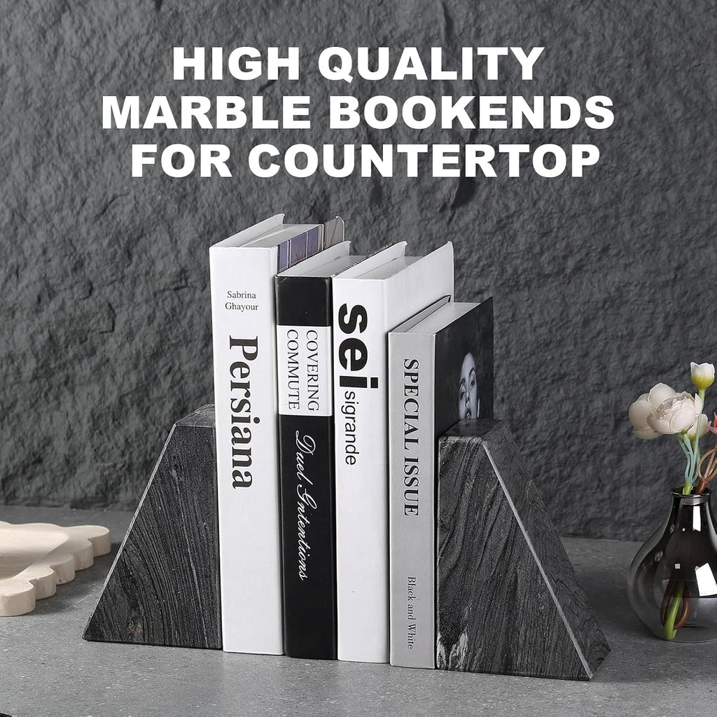 Marble Bookends for Heavy Books, Decorative Book Ends for Shelves, Titanium Black Stone Durable and Heavy-Duty Book
