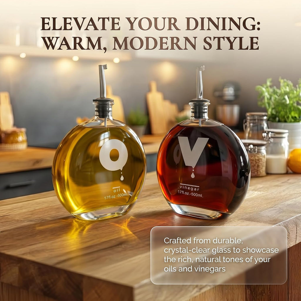 Elegant Oil and Vinegar Dispenser Set - Glass Bottles 17oz/500ml with Corks, Pouring Spouts & Funnel | Modern Olive - Set of 2