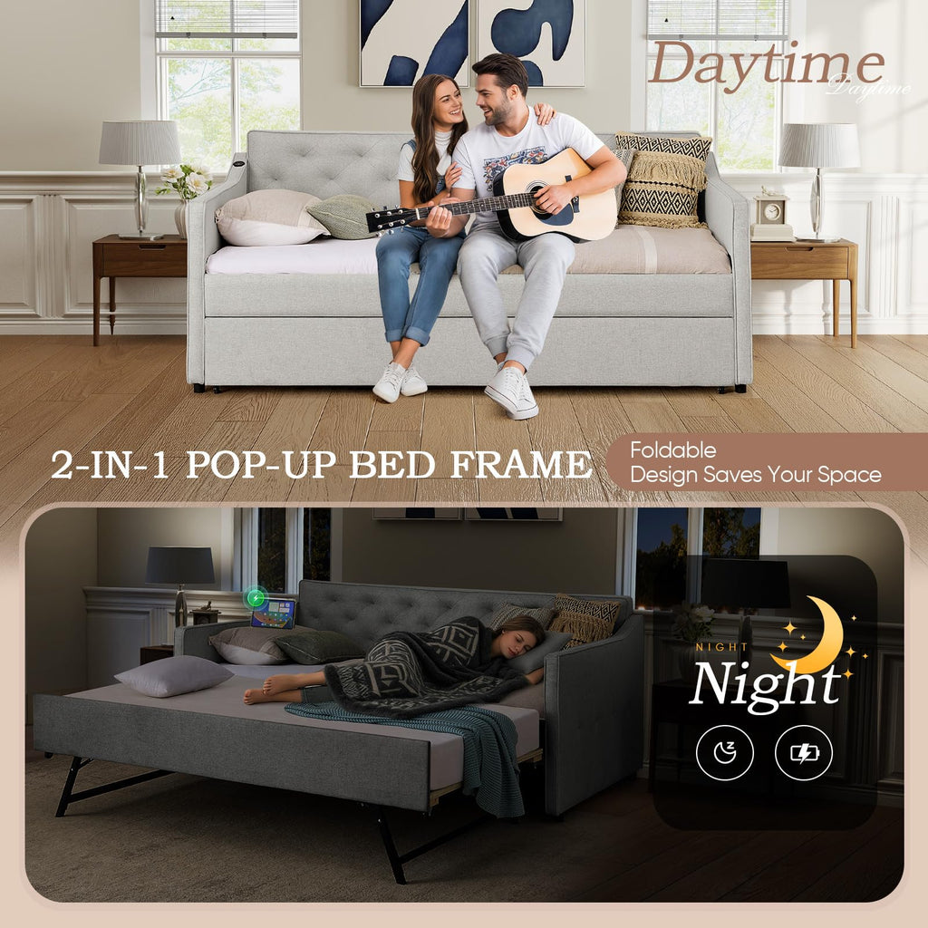 Daybed with Pop up Trundle, Fabric Upholstered Twin Size Day Bed Pull-Point Sofa Daybed Frame w/Twin Roll-Out
