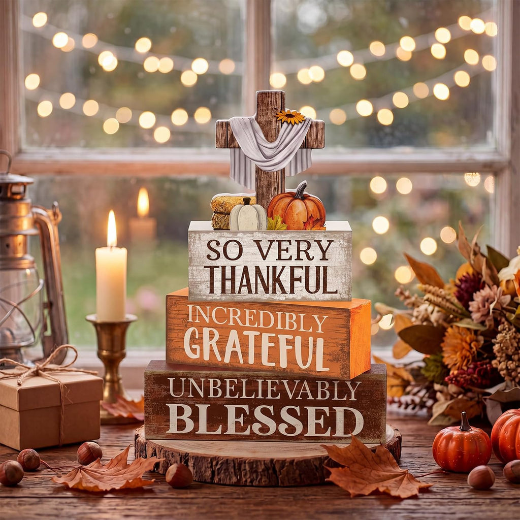 Fall Table Decoration Religious Cross Stacked Signs - Set of 4