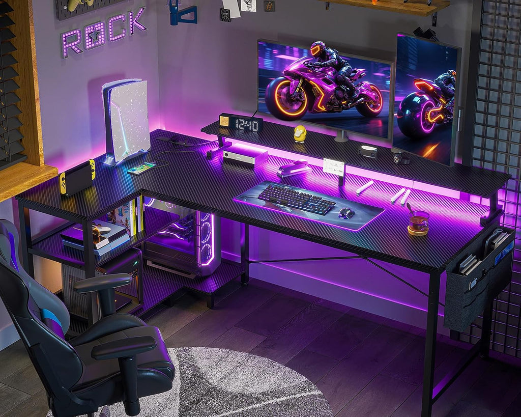 58 Inch L Shaped Gaming Desk with LED Lights, Power Outlets, Black | Adjustable Monitor Stand, Open Storage Shelves
