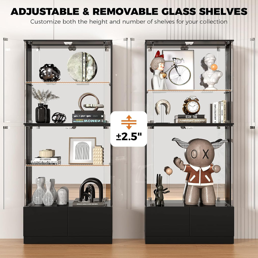 Display Cabinet with Glass Doors, 4-Tier Curio Cabinet with RGB Lights for Collectibles, Display Case with 2 Drawers
