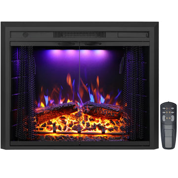29" Electric Fireplace Insert Heater, Recessed Mounted Fireplace with Glass Door & Mesh Screen, Remote Control, Fire