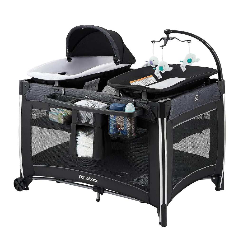 4 in 1 Baby Playards with Bassinet & Changing Table, Portable Crib Breathable Mesh and Toy Mobile