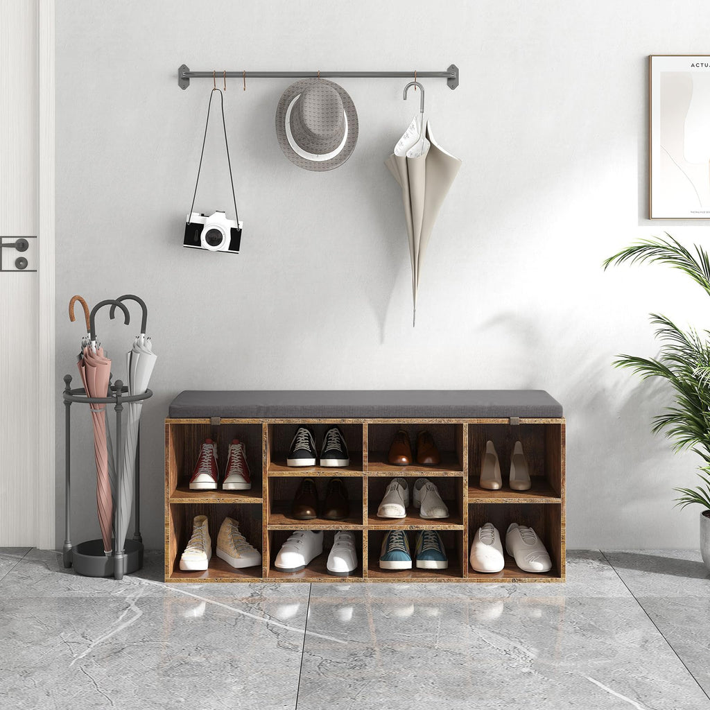 Shoe Storage Bench with Cushion, 41'' Long Entryway Bench with 10 Compartments Shoe Rack, Multifunctional Cubby