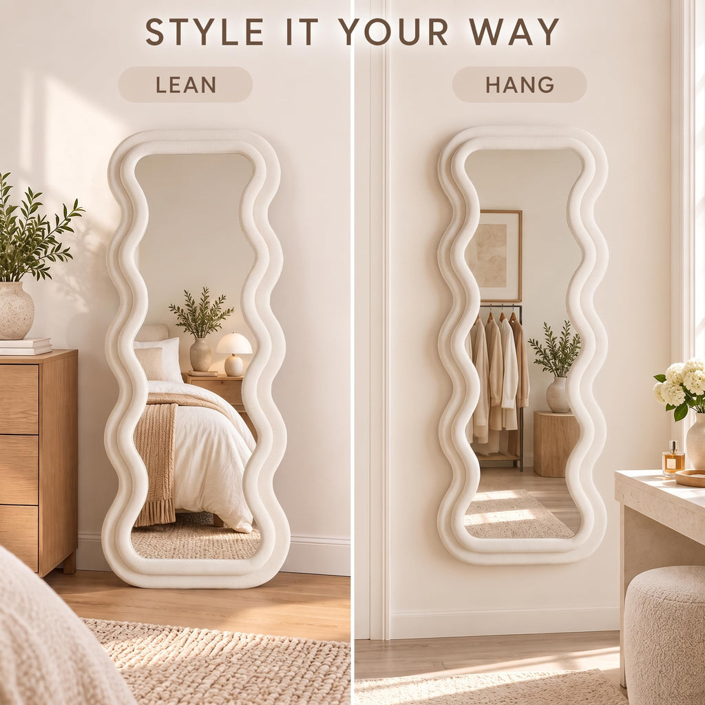 Full Length Wavy Mirror, 63"x24", Arched Floor & Wall Mirror - Standing, Hanging or Leaning - Flannel Wrapped Wooden