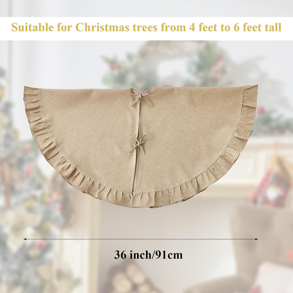 Christmas Tree Skirt Linen Burlap with Ruffle Edge 36 Inch, Natural Farmhouse Rustic Christmas Tree Skirt Collar