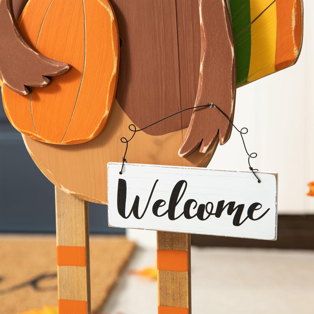30'H Thanksgiving Wood Turkey Porch Sign, Farmhouse Turkey Pumpkin Welcome Standing Decor for Fall Harvest, Rustic