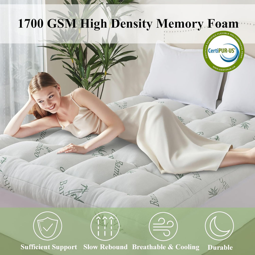 3 Inch Queen Size Memory Foam Mattress Topper for Back Pain Relief, Breathable Gel Memory Foam, Cooling Bamboo