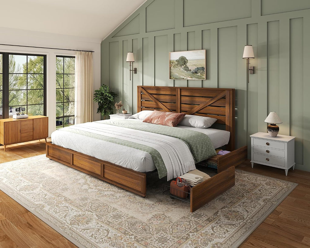 48.8" H Queen Bed Frame with 4 Storage Drawers, Farmhouse Platform Bed with Barn Door Headboard, Rustic Wood Grain