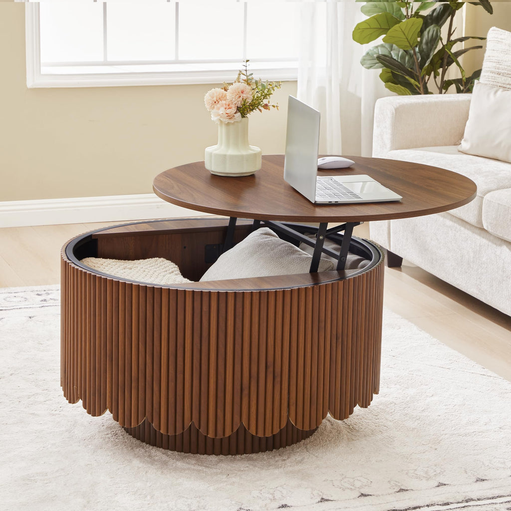 Fluted Round Lift Top Coffee Table with Storage, Walnut