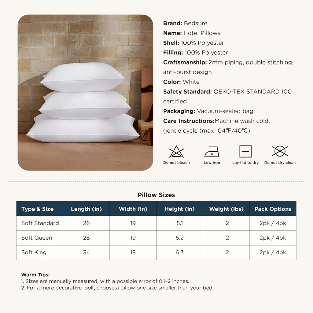 Pillows Queen Size Set of 2 - Hotel Collection Bed Pillows for Sleeping, with Down Alternative Filling, Soft Support