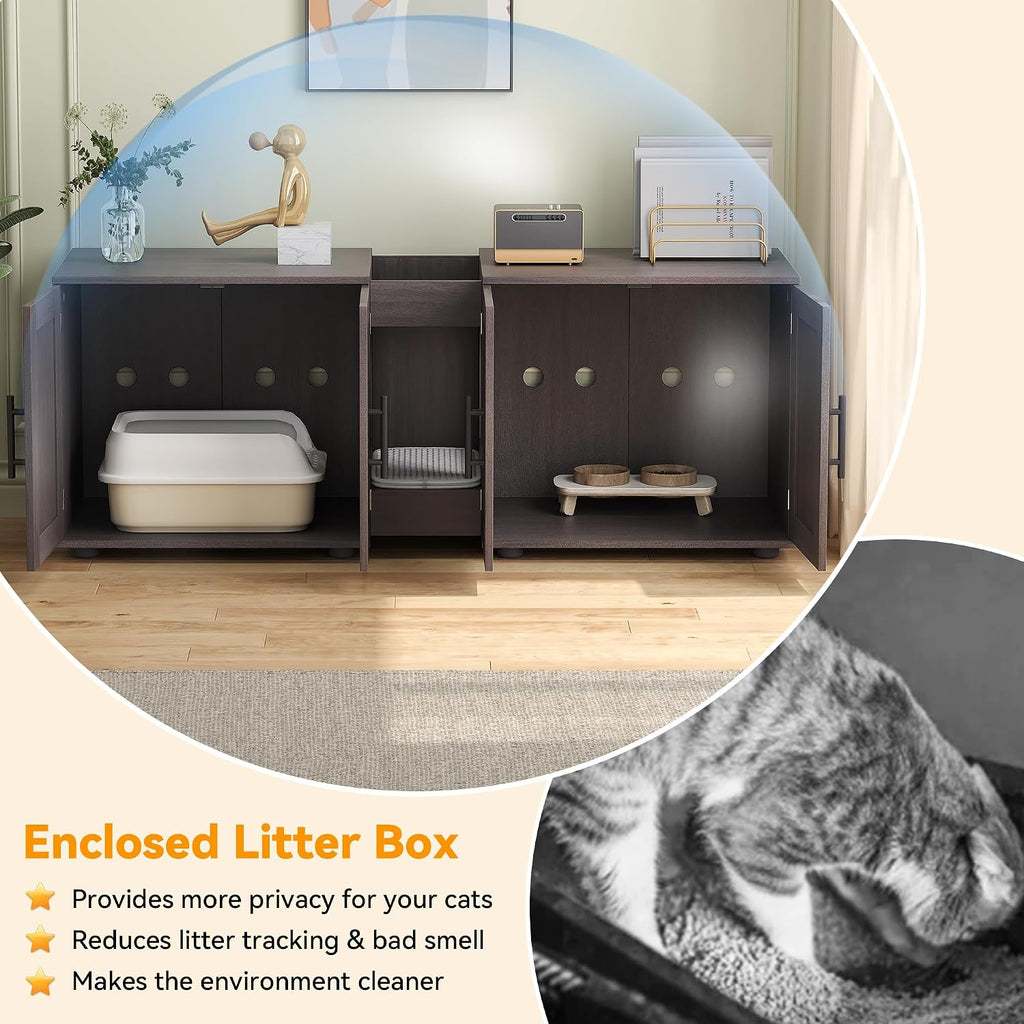 Cat Litter Box Enclosure with Double Room, Walnut