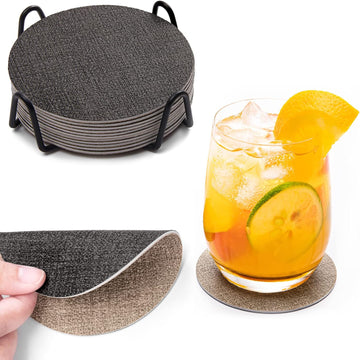 Faux Leather Drink Coasters with Holder, Dual Sided Sets of 12 - Set of 12