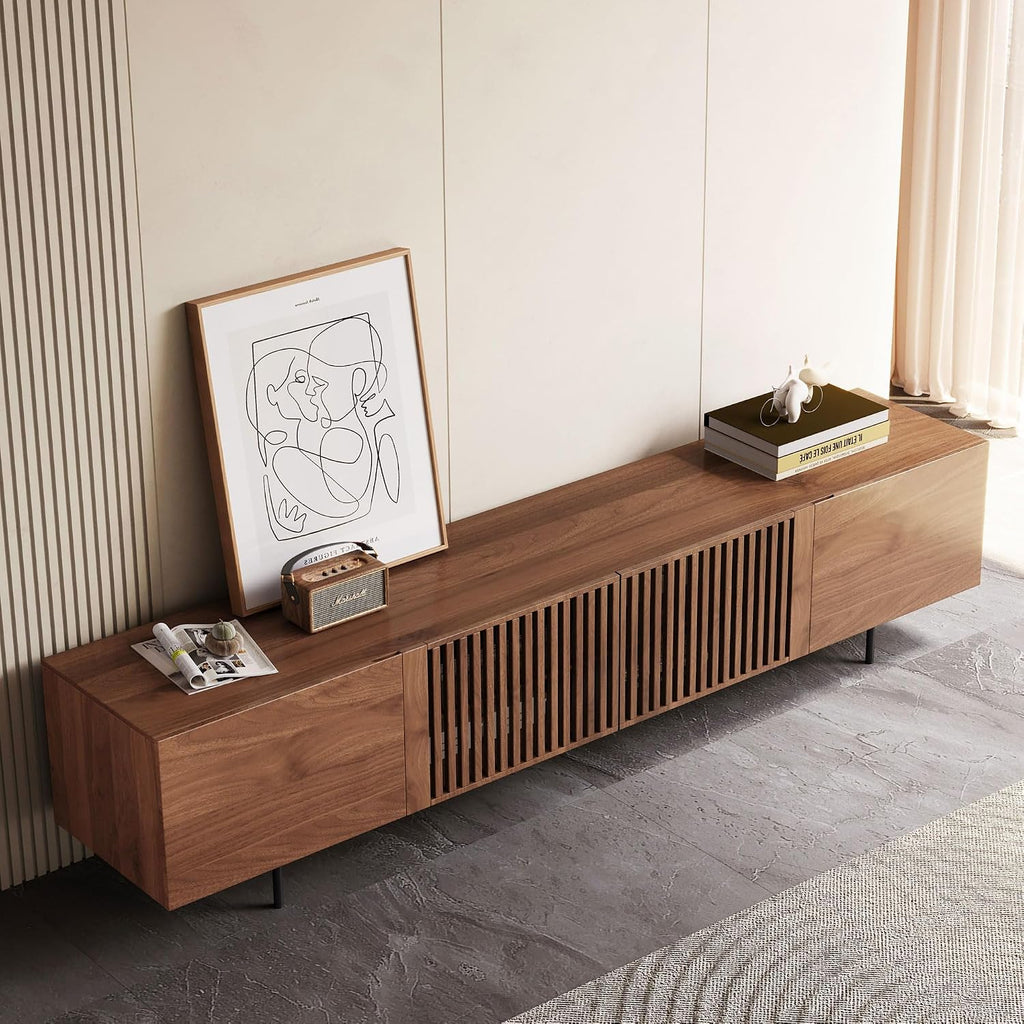 Mid Century Modern TV Stand for 80+ Inch TVs, 94.48" Walnut Console with Ample Storage - Stylish Entertainment Center