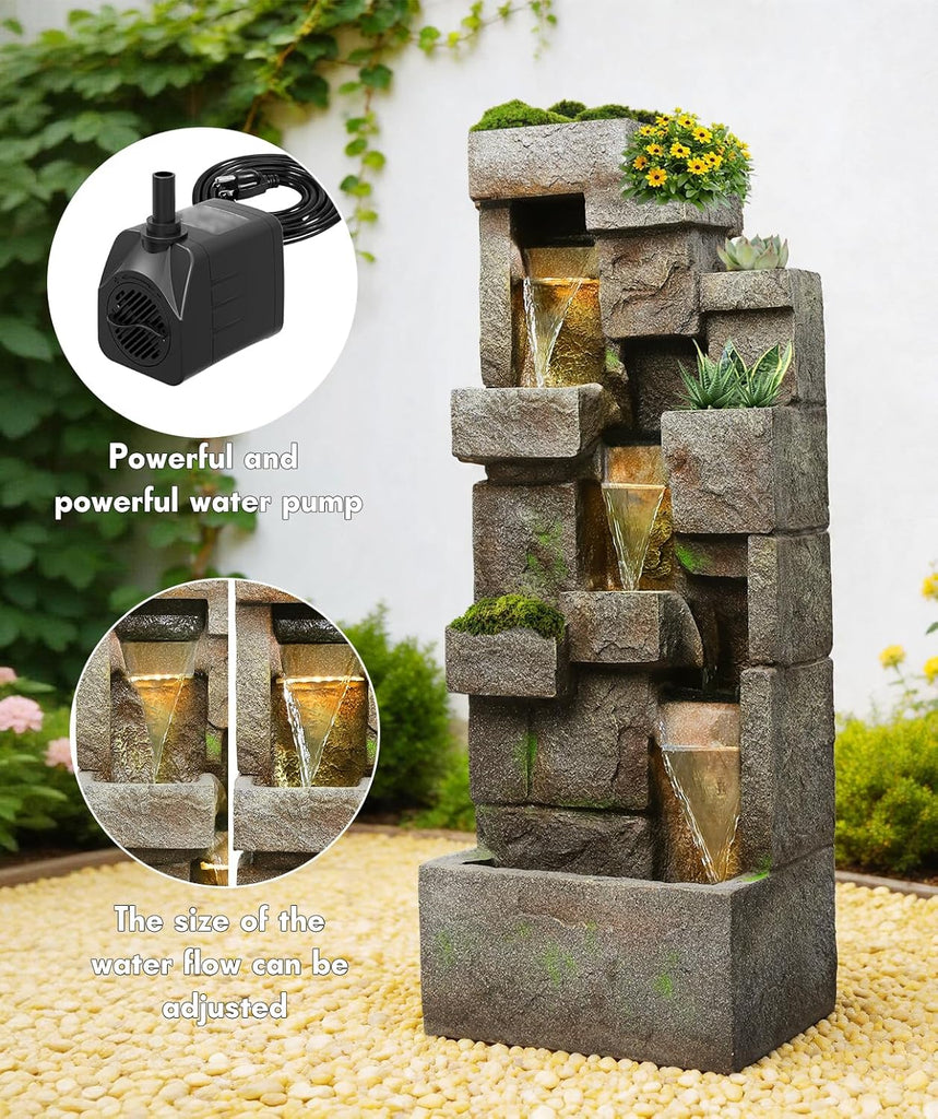 41.7" Outdoor Fountain 3 Tier Modern Water Fountains with LED Lights and Pump Outdoor Floor-Standing Rock Fountain Decor