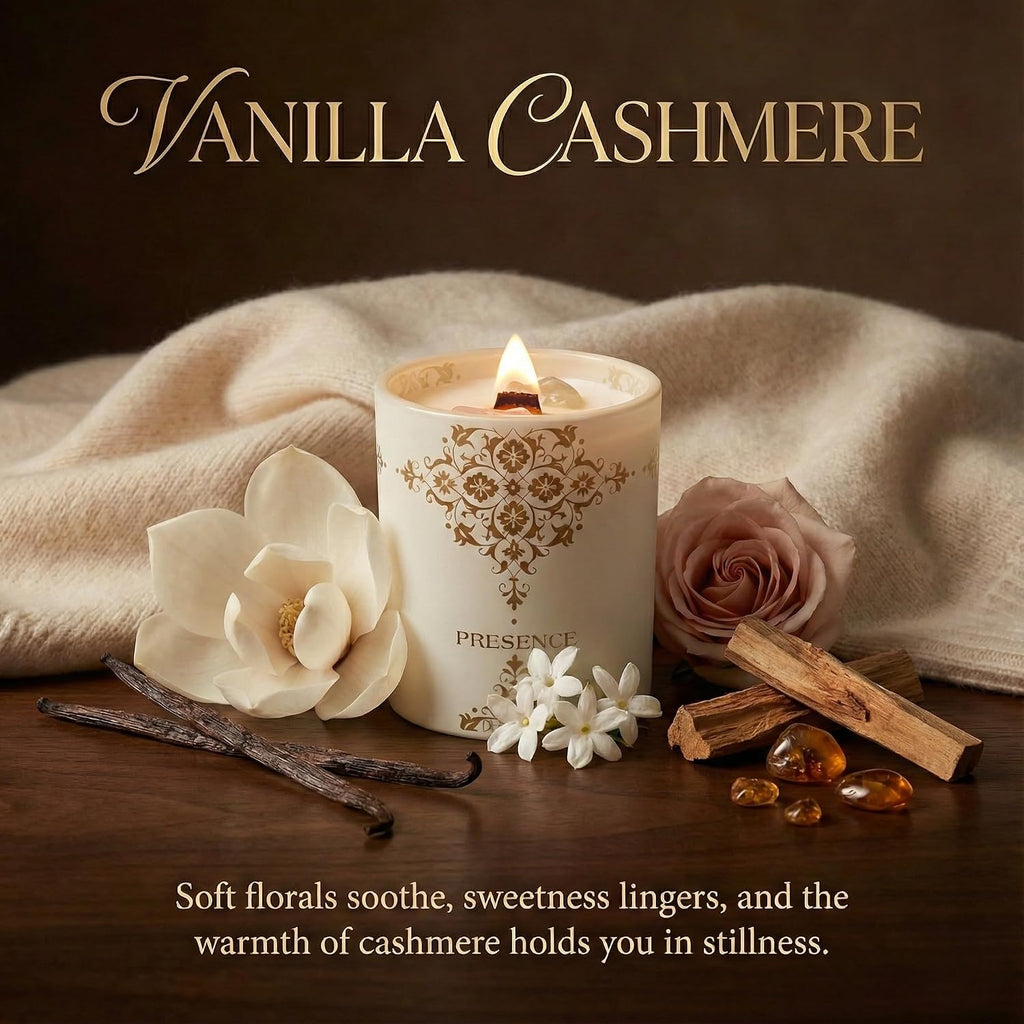 Healing Crystal Candle Gift for Women - Vanilla Cashmere Luxury Soy Candle with Crystals - Rose Quartz & Citrine - Set of 74