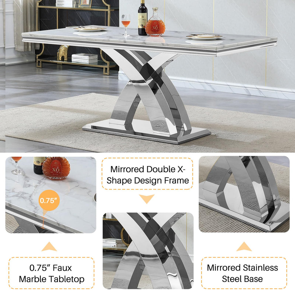 68" Modern Dining Table Set for 4, White Faux Marble Kitchen Table and Chairs for 4, 5 Piece Luxury Silver Dining
