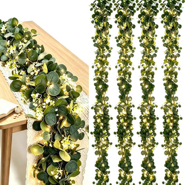 Eucalyptus Garland with Lights, 4 Packs 6FT Artificial Lighted Garland, Spring Summer Green Faux Garlands Outdoor