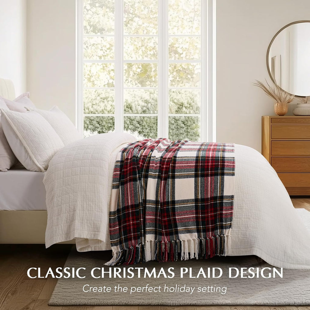 Chenille Christmas Throw Blanket, 60"x80", White Stewart Plaid