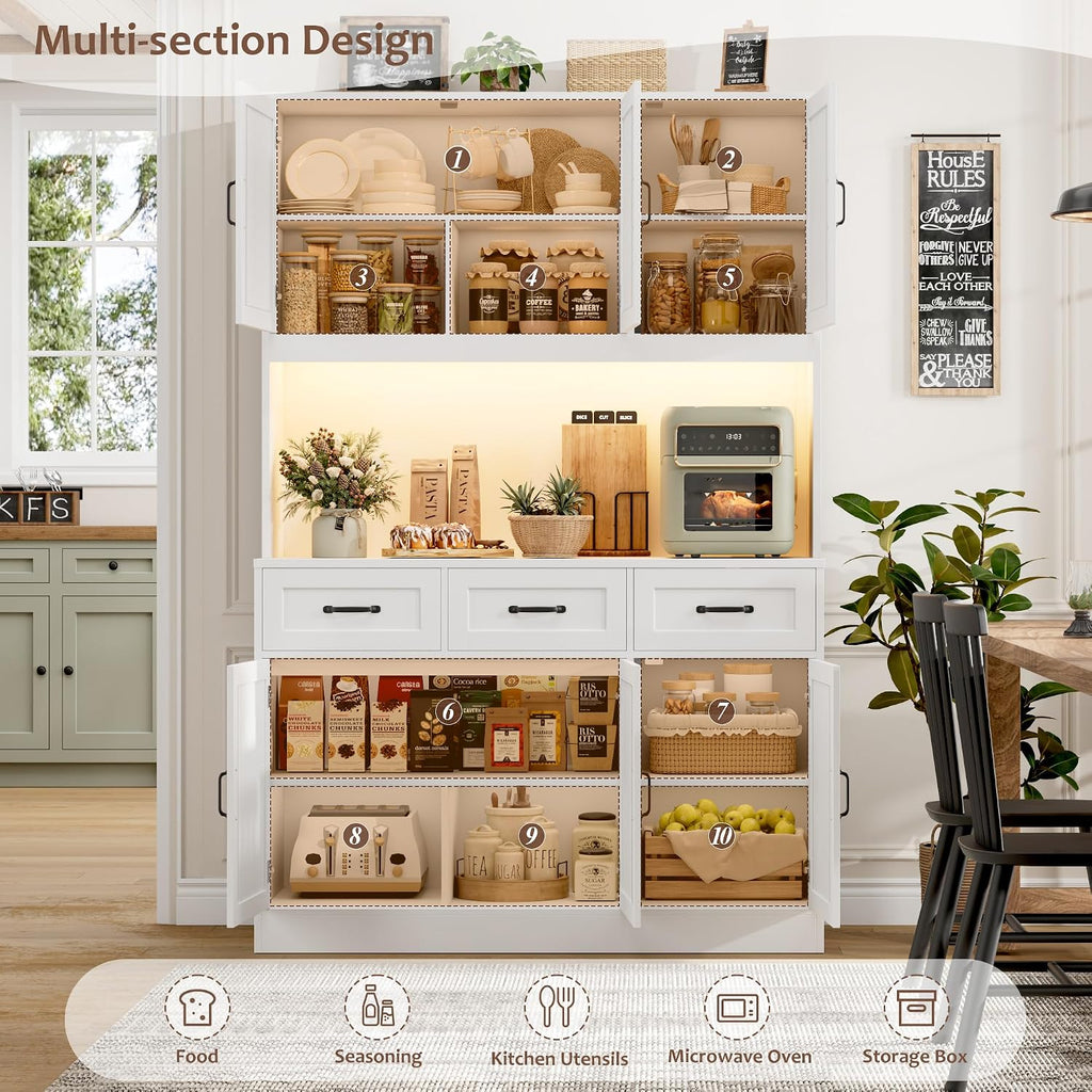 Kitchen Pantry Storage Cabinet, Tall Kitchen Hutch Cabinet, White | 47"W Food Pantry Cabinet with Smart LED /