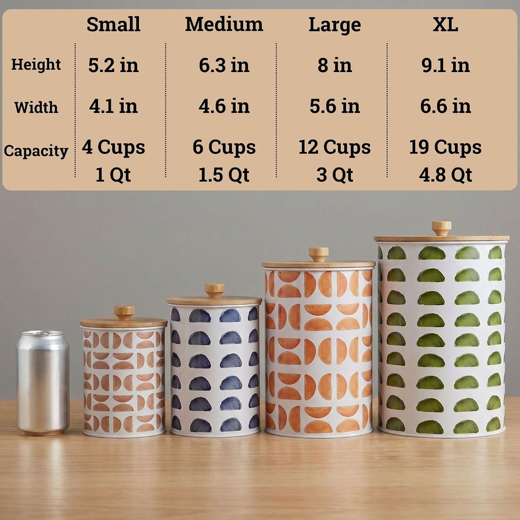 Kitchen Canisters for Countertop, Patterned Iron w/ Airtight Lids - Set of 4
