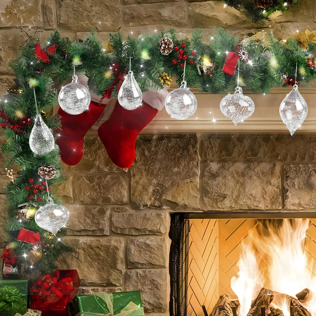 Clear Glass Christmas Ornaments,12-Pc Hand Blown Crystal Ball Decorations - Set of 12