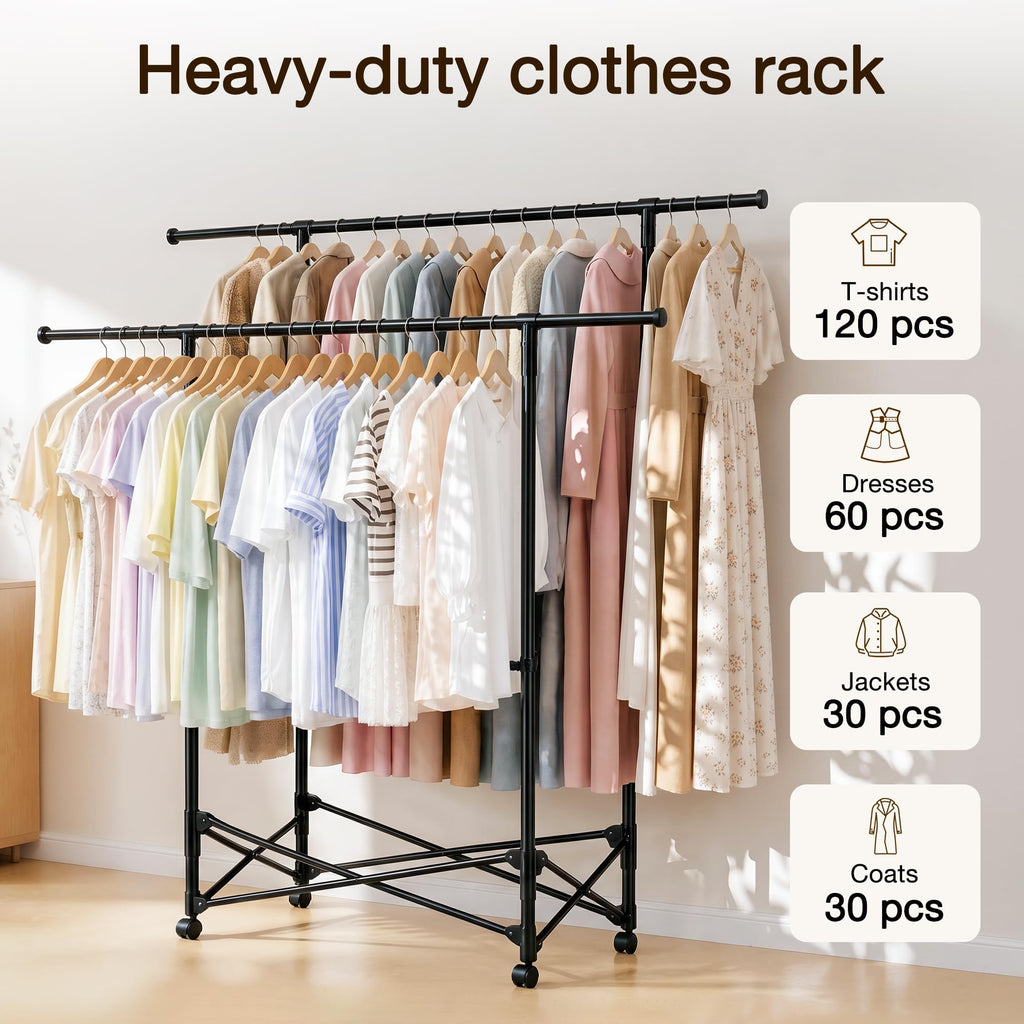 No-assembly Clothes Rack,Double Rod 59-Inch Rolling clothing rack