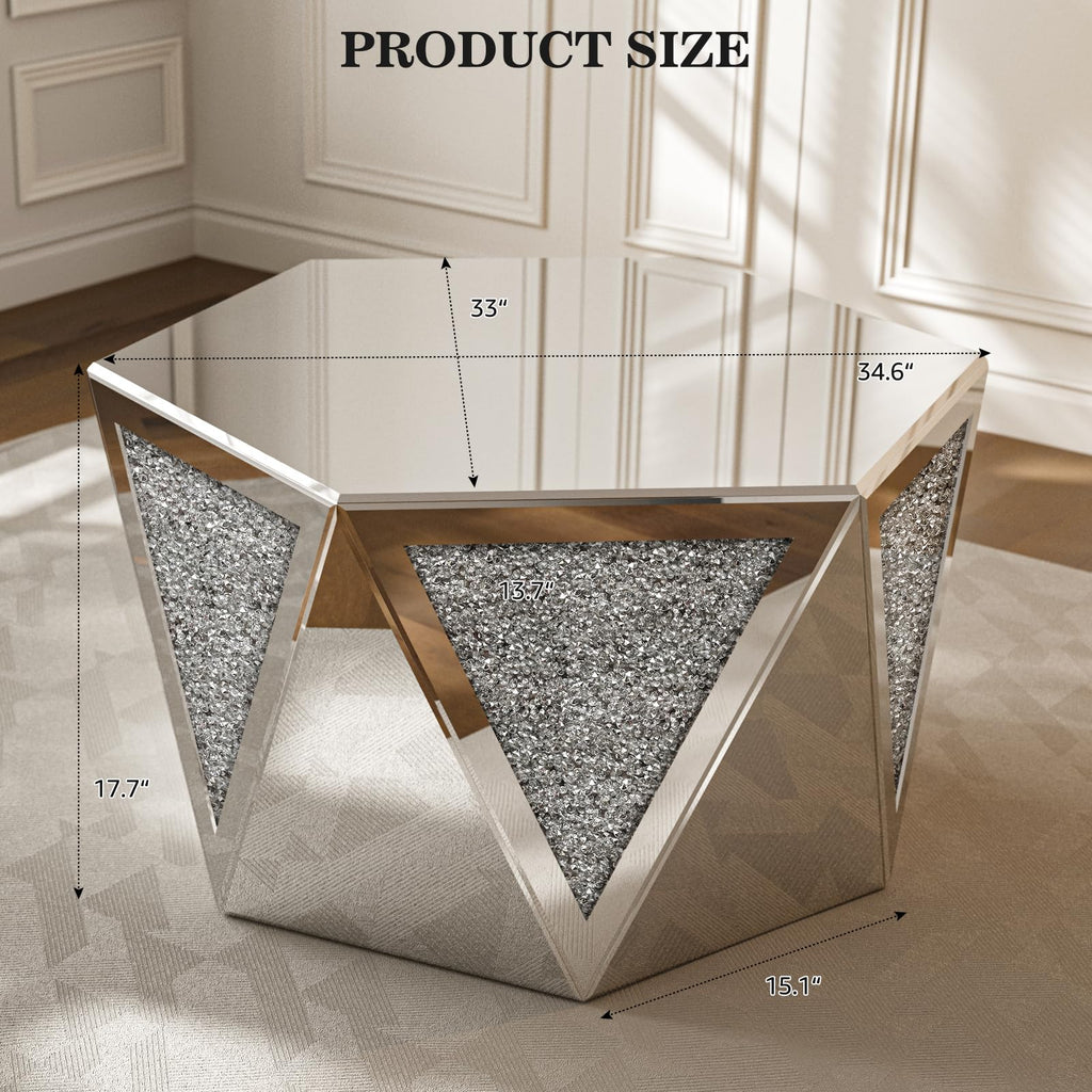 Mirrored Coffee Table with Crushed Diamond, Luxury Hexagon Silver Coffee Table, Living Room Table for Art Deco Office