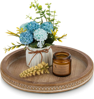 Round Wooden Tray Decor: Decorative Candle Plate Holder Tray for Coffee Table